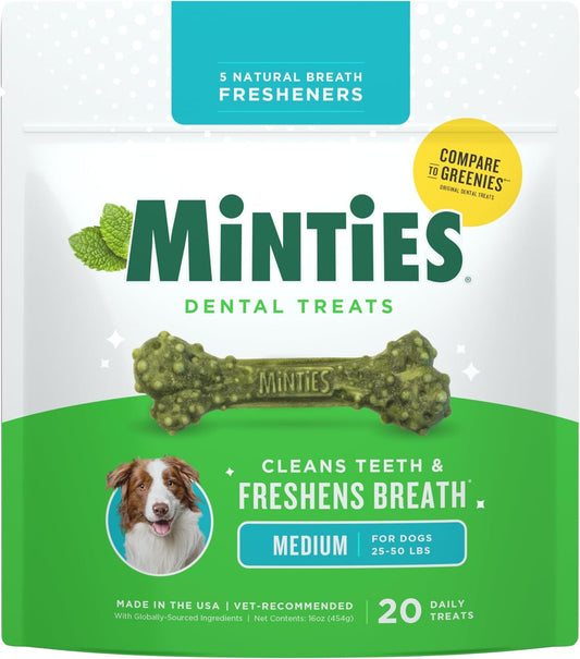 Dental Chews for Dogs, 20 Count, Vet-Recommended Mint-Flavored Treats for Medium Dogs 25-50 Lbs, Dental Bones Clean Teeth, Fight Bad Breath, and Removes Plaque and Tartar