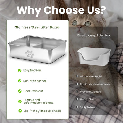 Cat Litter Box with High Sides Large Stainless Steel Cat Litter Pan 23.6" X 15.7" X 5.9"