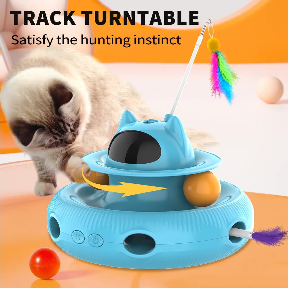 4 in 1 Indoor Interactive Cat Toy with Laser & Retractable Feather Wand, USB Rechargeable, Blue