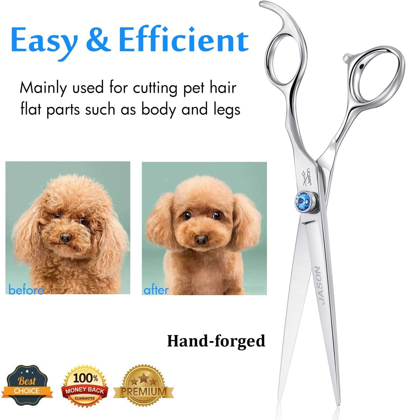 7" Straight Dog Grooming Scissors, Ergonomic Pets Grooming Shears, Premium Cats Trimming Kit with Offset Handle and Jewelled Screw, Sharp, Comfortable Christmas Gift