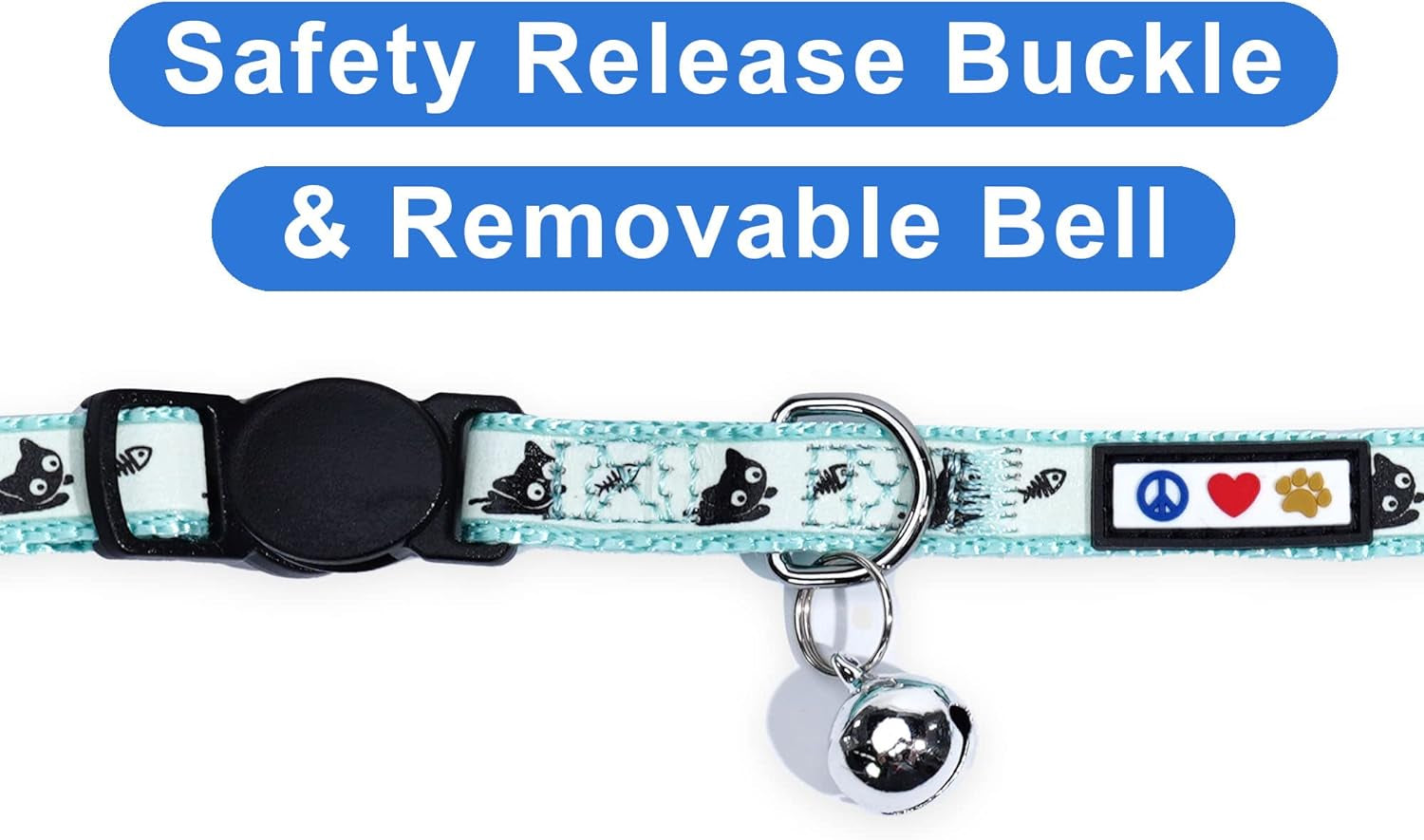 Glow in the Dark Cat Collar with Breakaway Safety Buckle & Bell Adjustable Kitten Collar, Teal