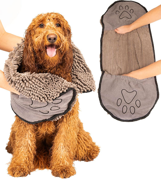 the Dirty Dog Shammy - Fast Drying Plush Shammy Towel with Dual Hand Pockets and Elastic - Super Absorbent Microfiber and Machine Washable - Grey