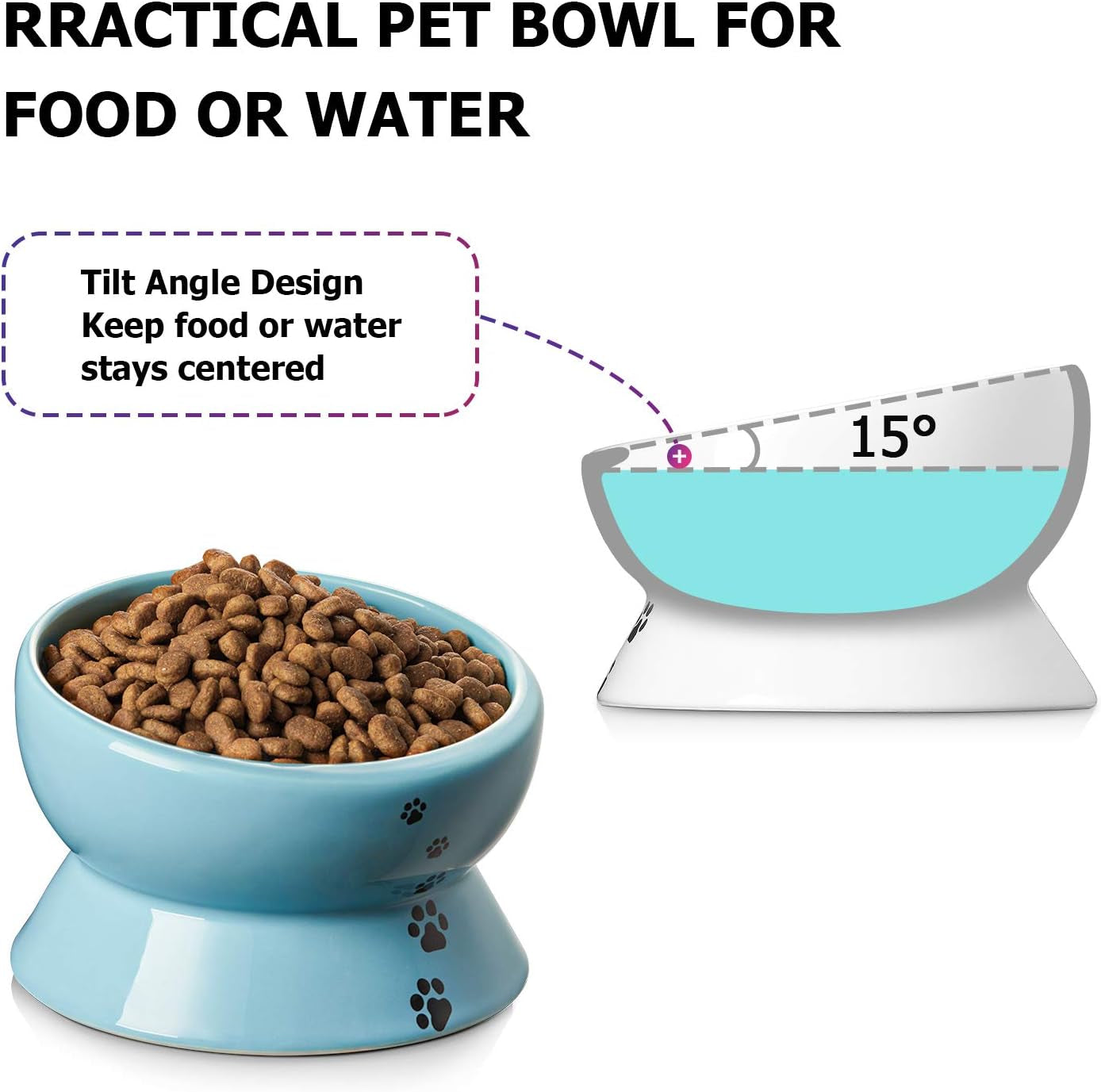 Ceramic 15 Ounce Slanted Cat Food Water Bowl, Lake Blue