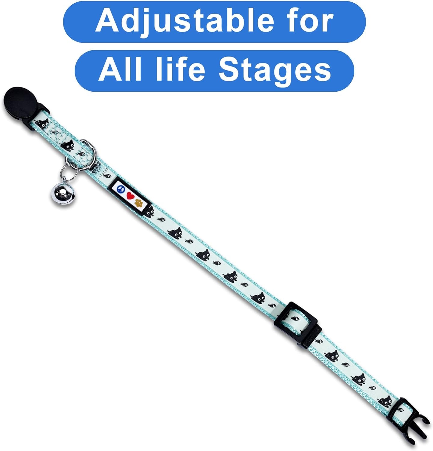 Glow in the Dark Cat Collar with Breakaway Safety Buckle & Bell Adjustable Kitten Collar, Teal